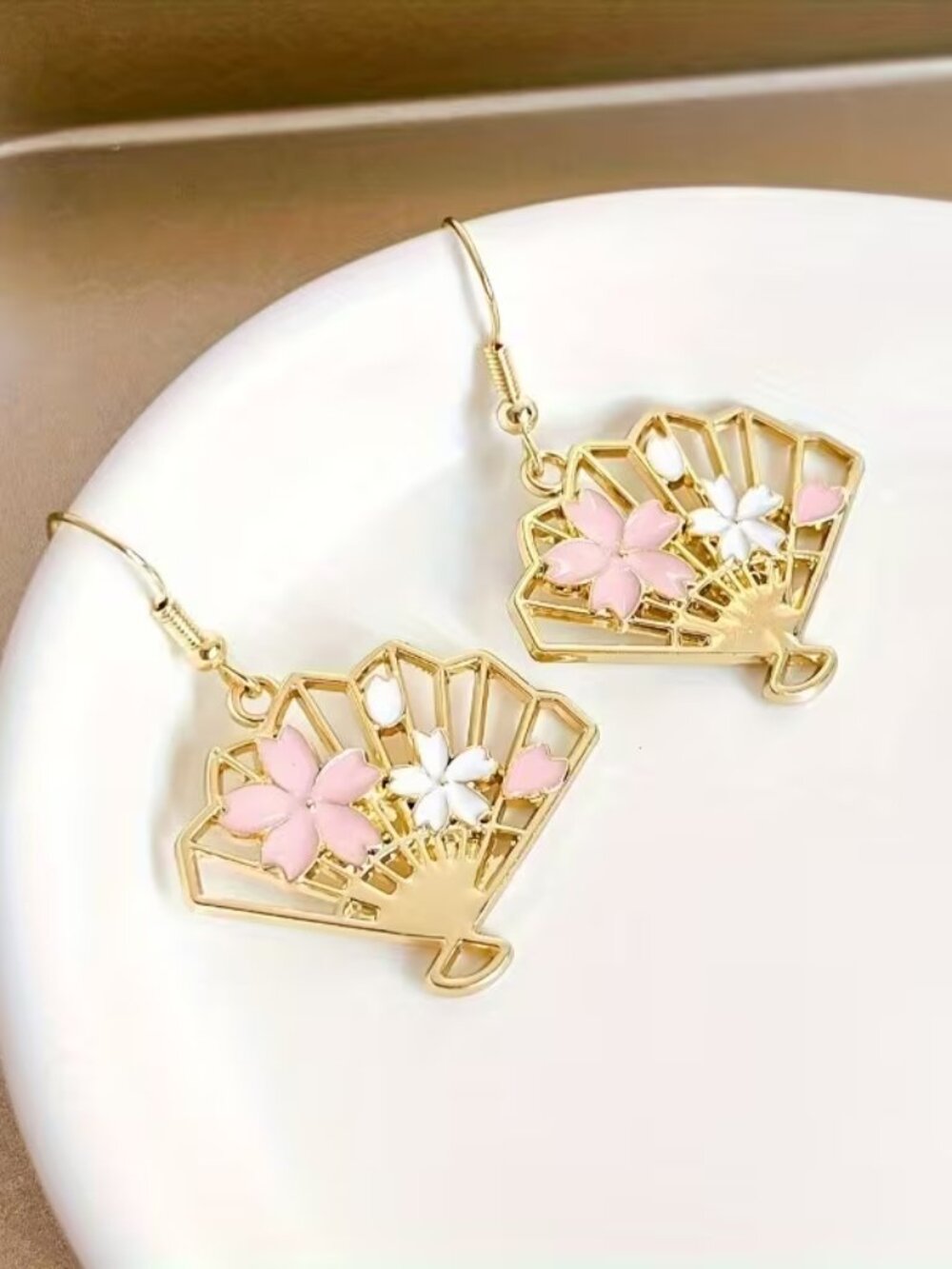 Elegant Golden Cherry Blossom Fan Pendant Earrings - NEW - 1.54 in L x 1.18 in W